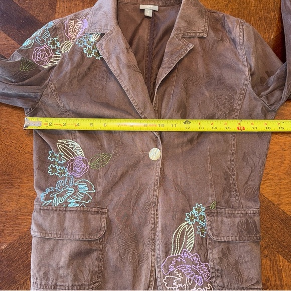 J Jill Brown Canvas Embroidered One Button Jacket Floral Purple Blue Small - Picture 10 of 11